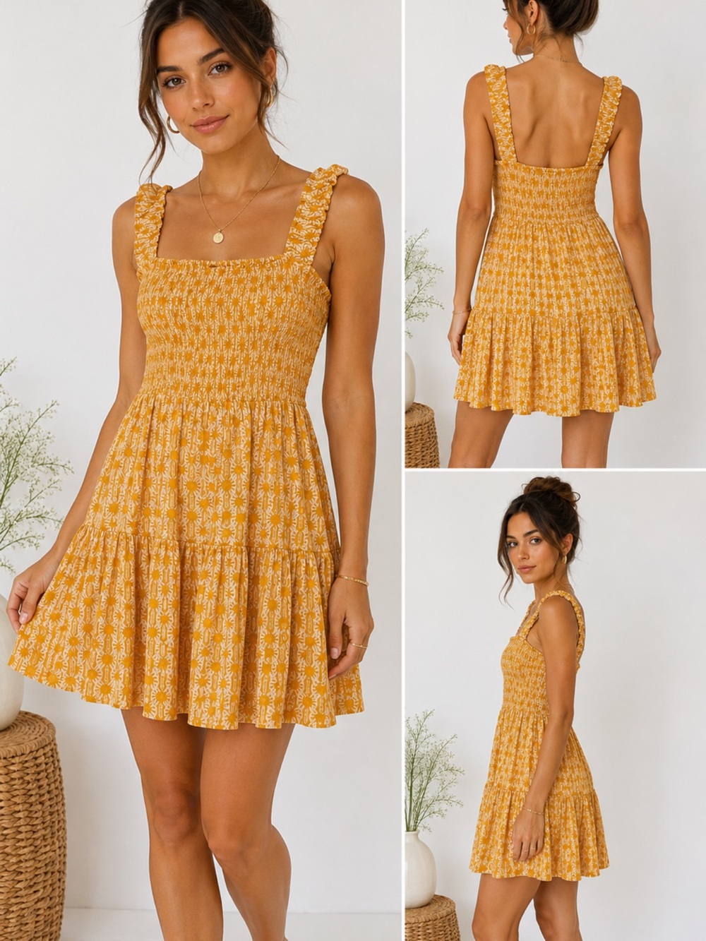 Free People NWT Yellow Smocked Floral Mini Dress